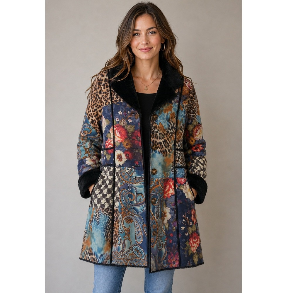 Weavz Women's Patchwork Floral Leopard Faux Fur Lined Mid-Length Coat Size L